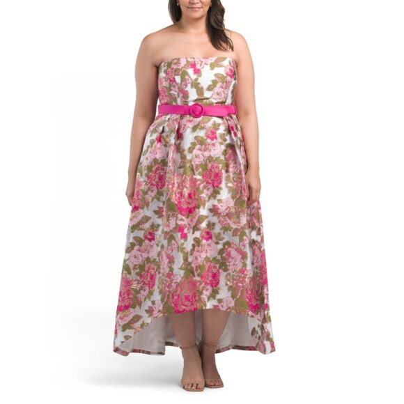 KAY UNGER Raspberry Bella Strapless Cascading Floral Hi-lo Gown